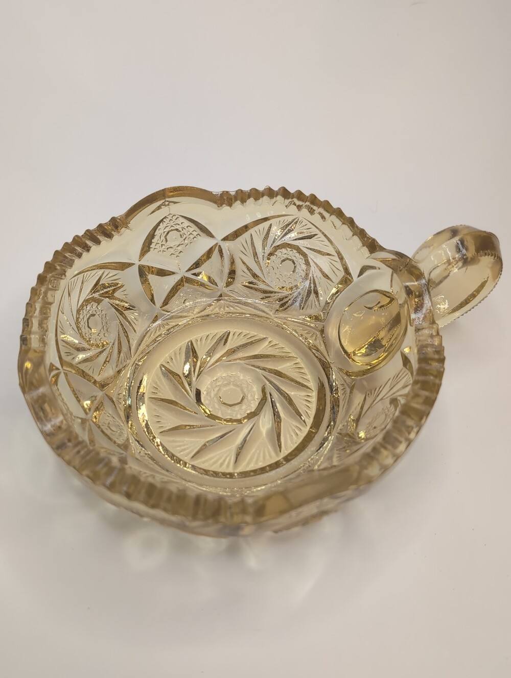 Vintage Yellow Tone Pressed Glass Candy Dish W/ Pinwheel Starburst Pattern.